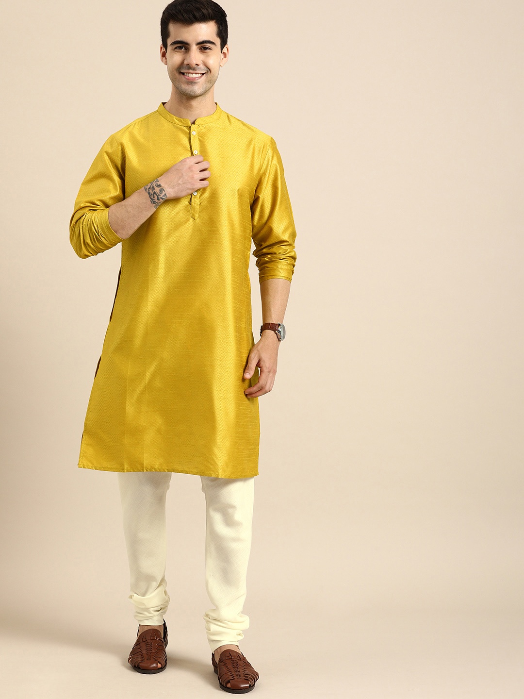 

Anouk Men Mustard Yellow Woven Design Kurta with Churidar