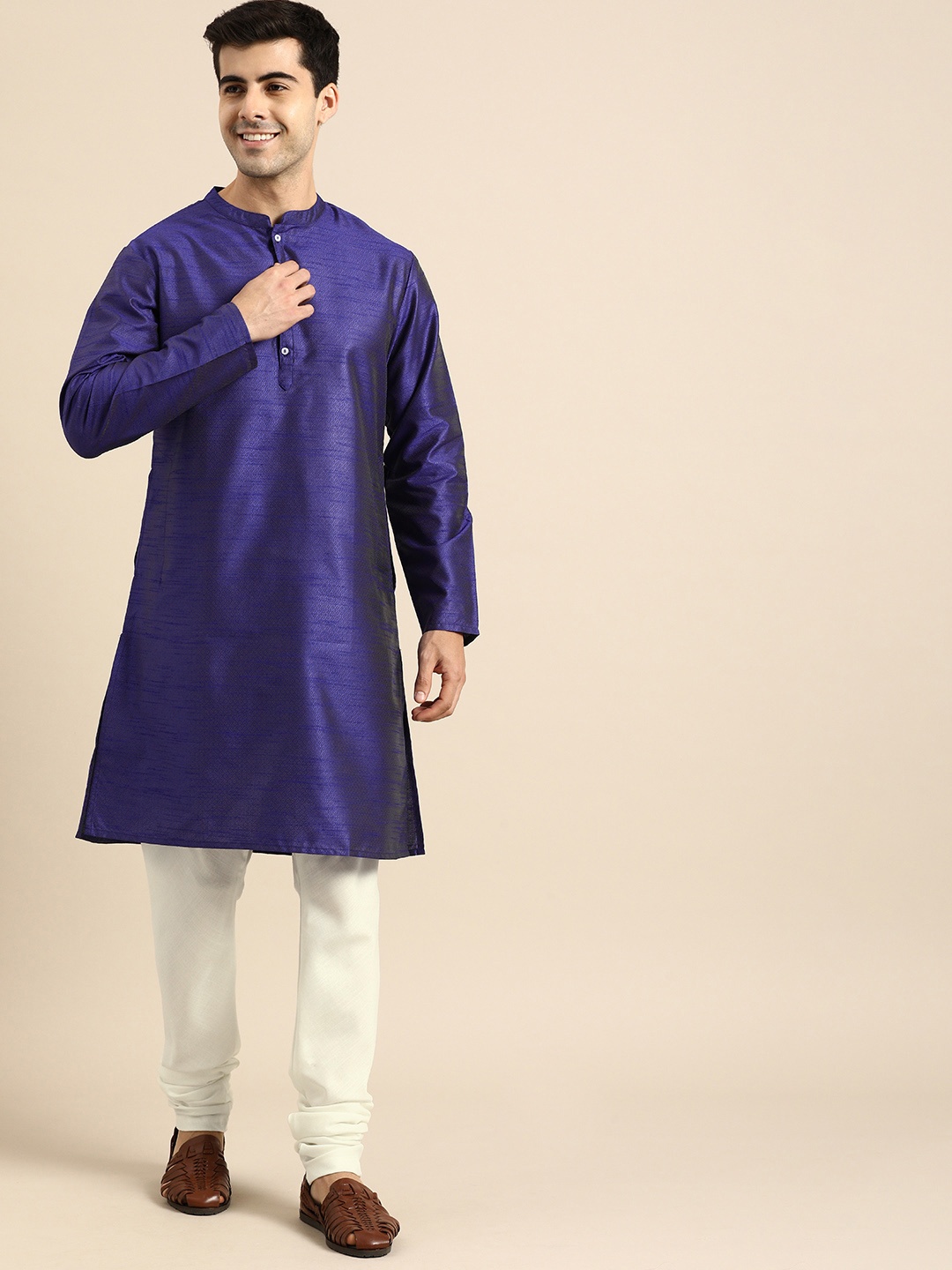 

Anouk Men Blue Woven Design Straight Kurta with Churidar