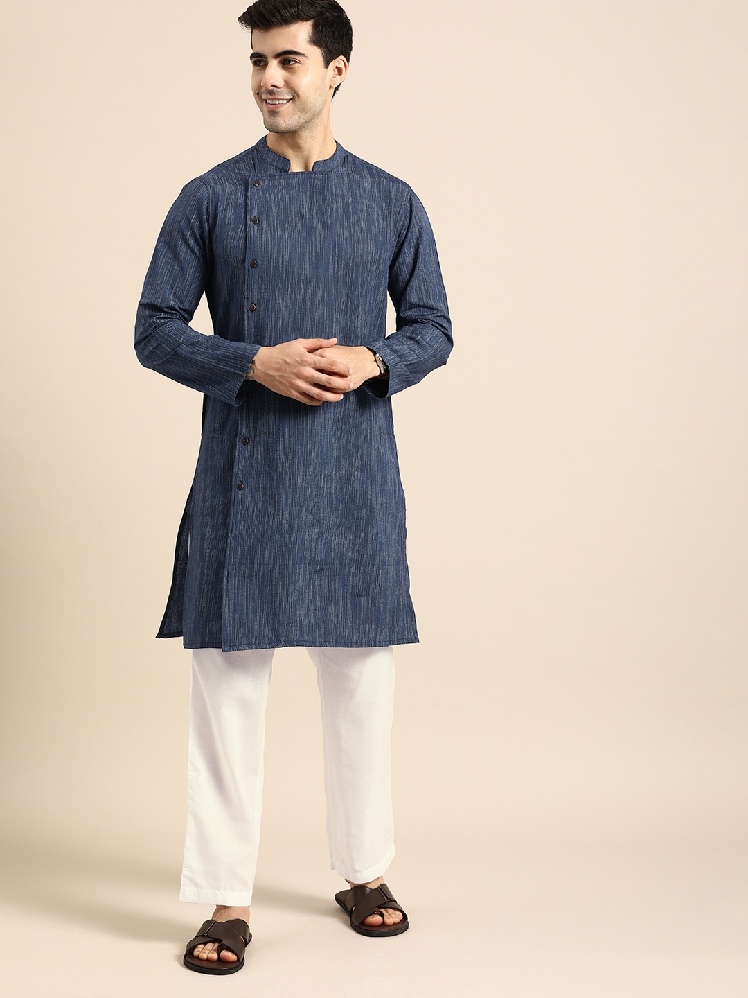 

Anouk Men Navy Blue Striped Angrakha Pure Cotton Kurta with Pyjamas