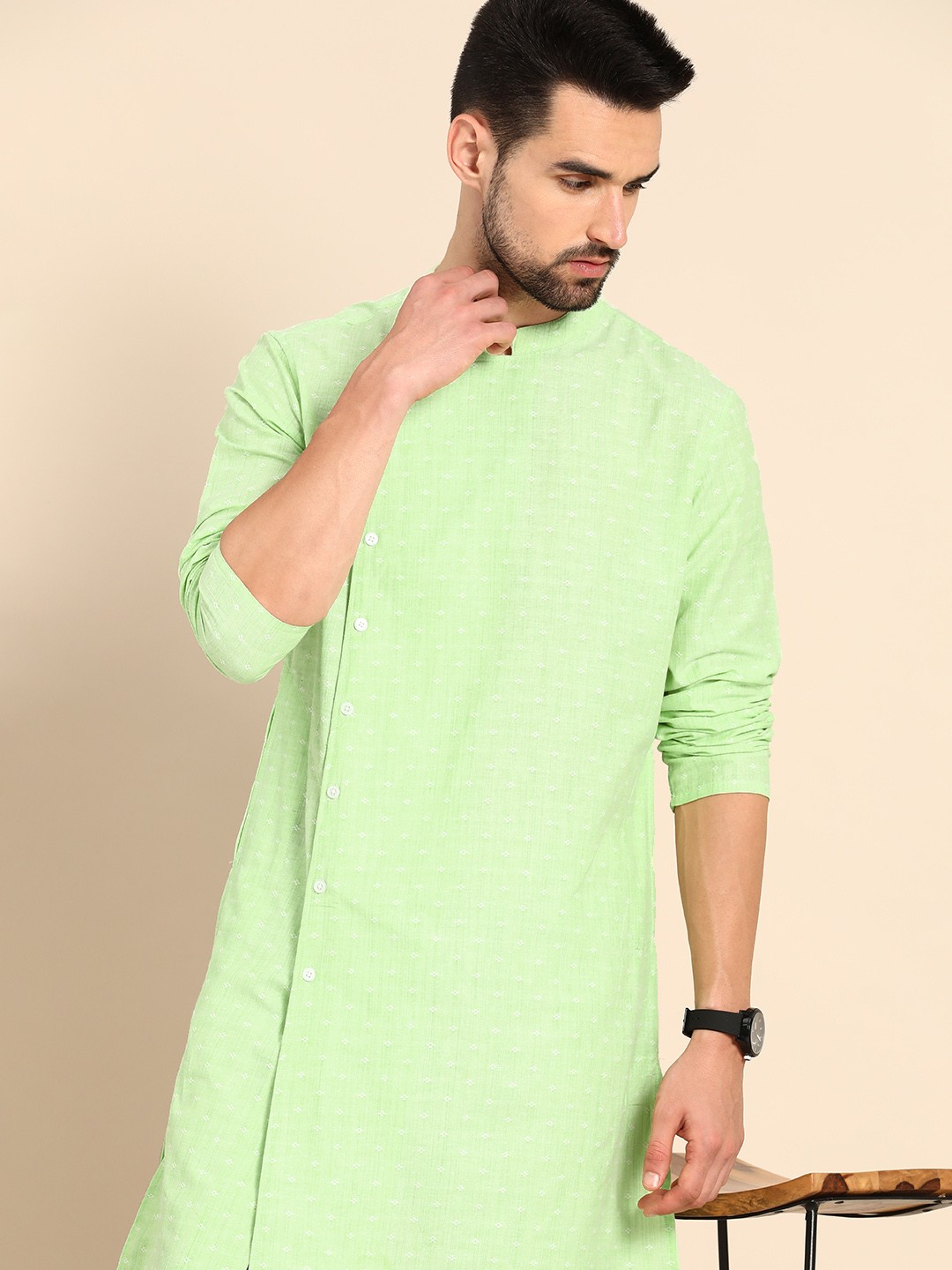 

Anouk Men Green & White Pure Woven Design Cotton Angrakha Kurta with Trousers
