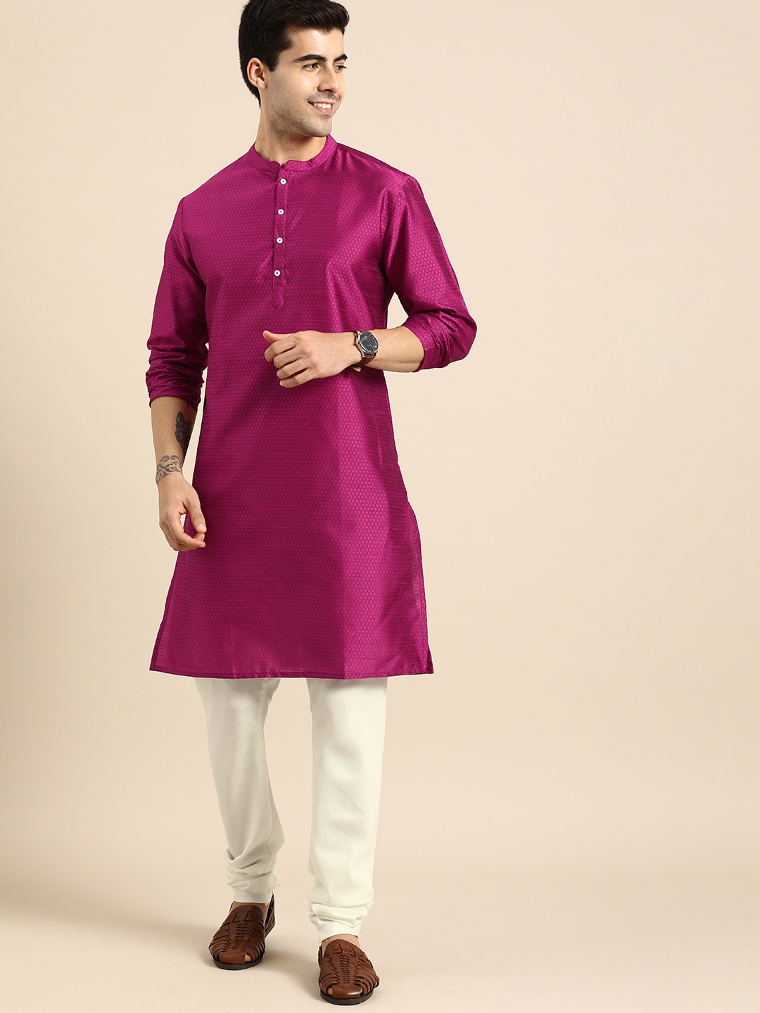 

Anouk Men Fuchsia Pink Woven Design Straight Kurta with Churidar