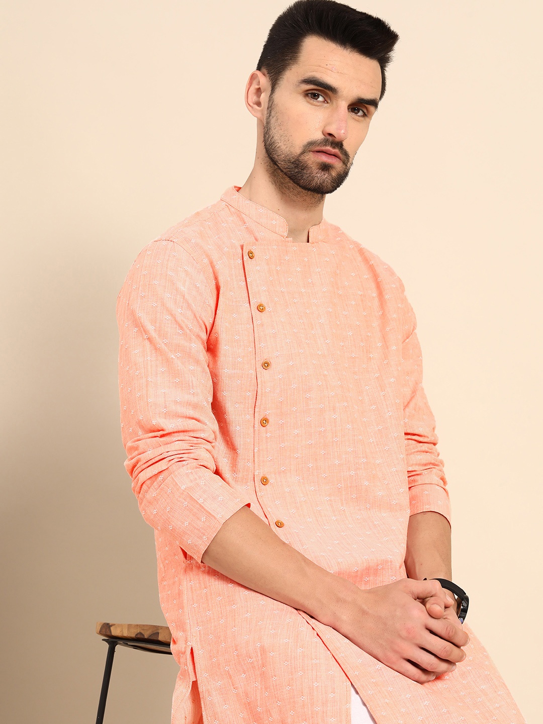 

Anouk Men Peach-Coloured & White Woven Design Pure Cotton Angrakha Kurta with Trousers