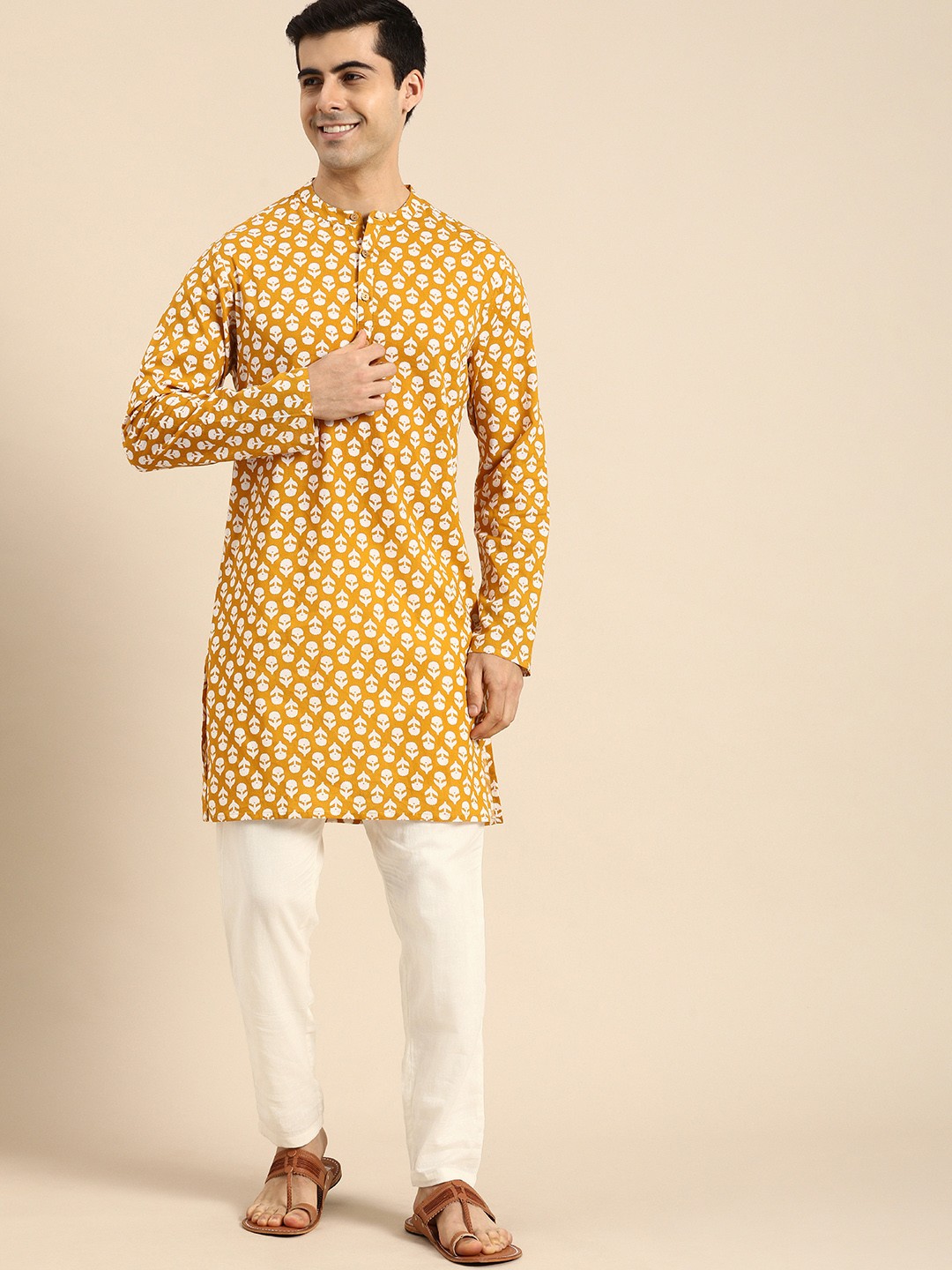 

Anouk Men Mustard Yellow & White Floral Printed Pure Cotton Kurta with Pyjamas