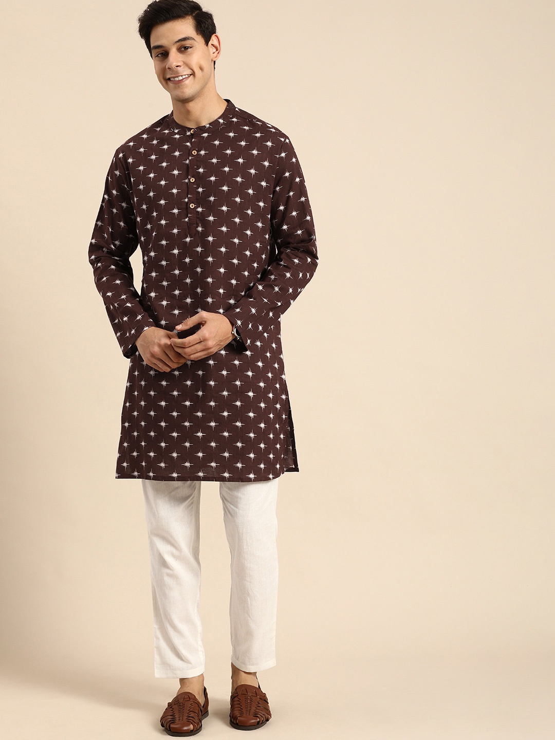 

Anouk Men Brown & White Printed Pure Cotton Kurta with Pyjamas