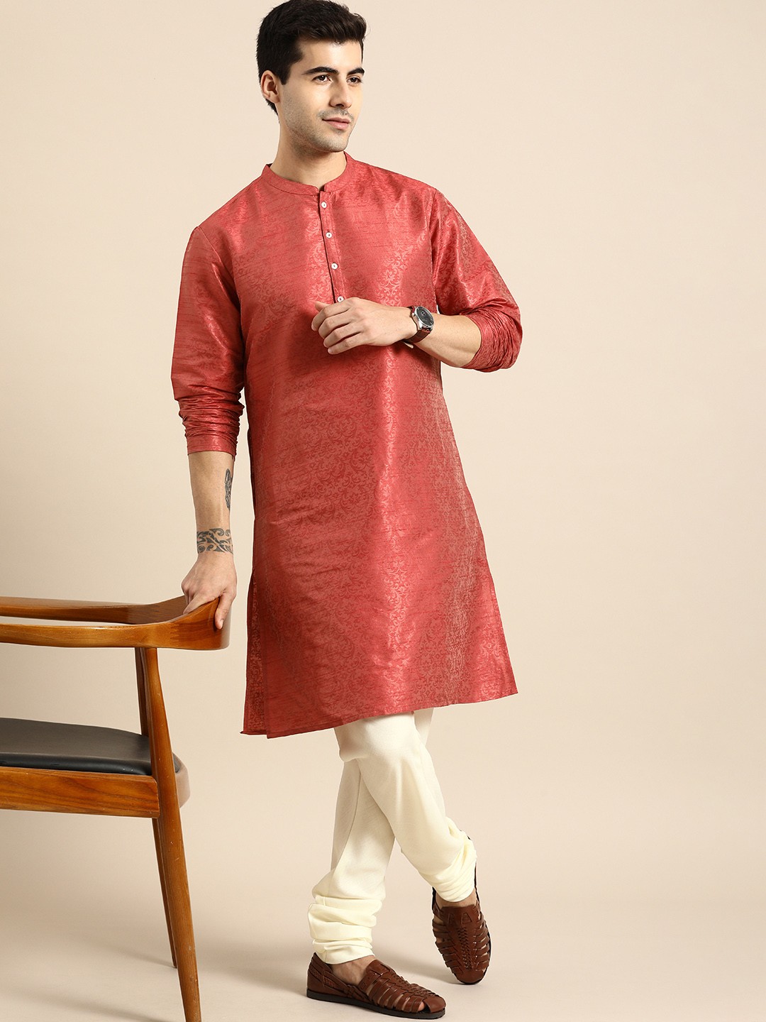 

Anouk Men Red Ethnic Motifs Woven Design Straight Kurta with Churidar