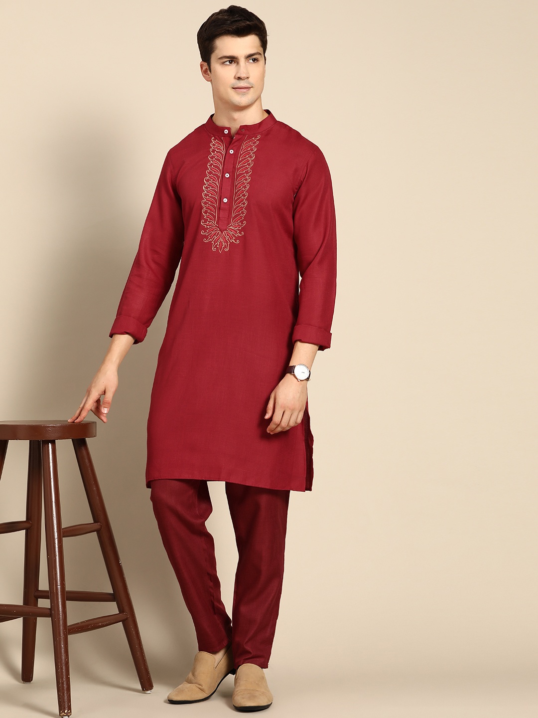

Anouk Men Maroon Yoke Design Thread Work Kurta with Pyjamas