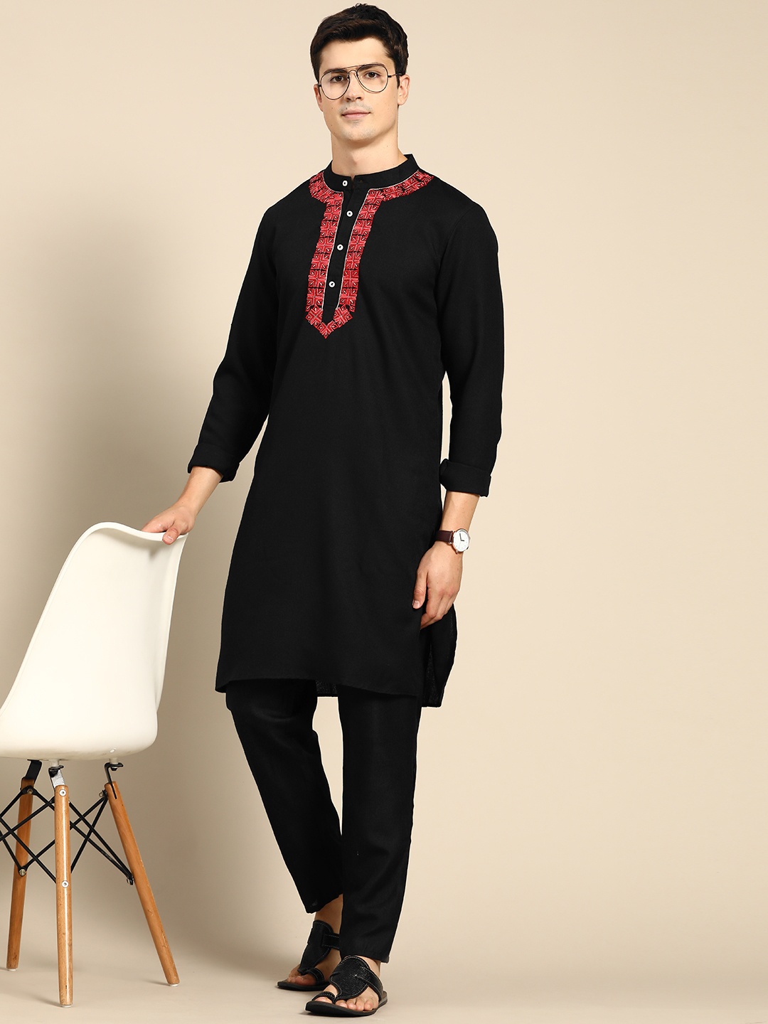 

Anouk Men Black Yoke Design Thread Work Kurta with Pyjamas