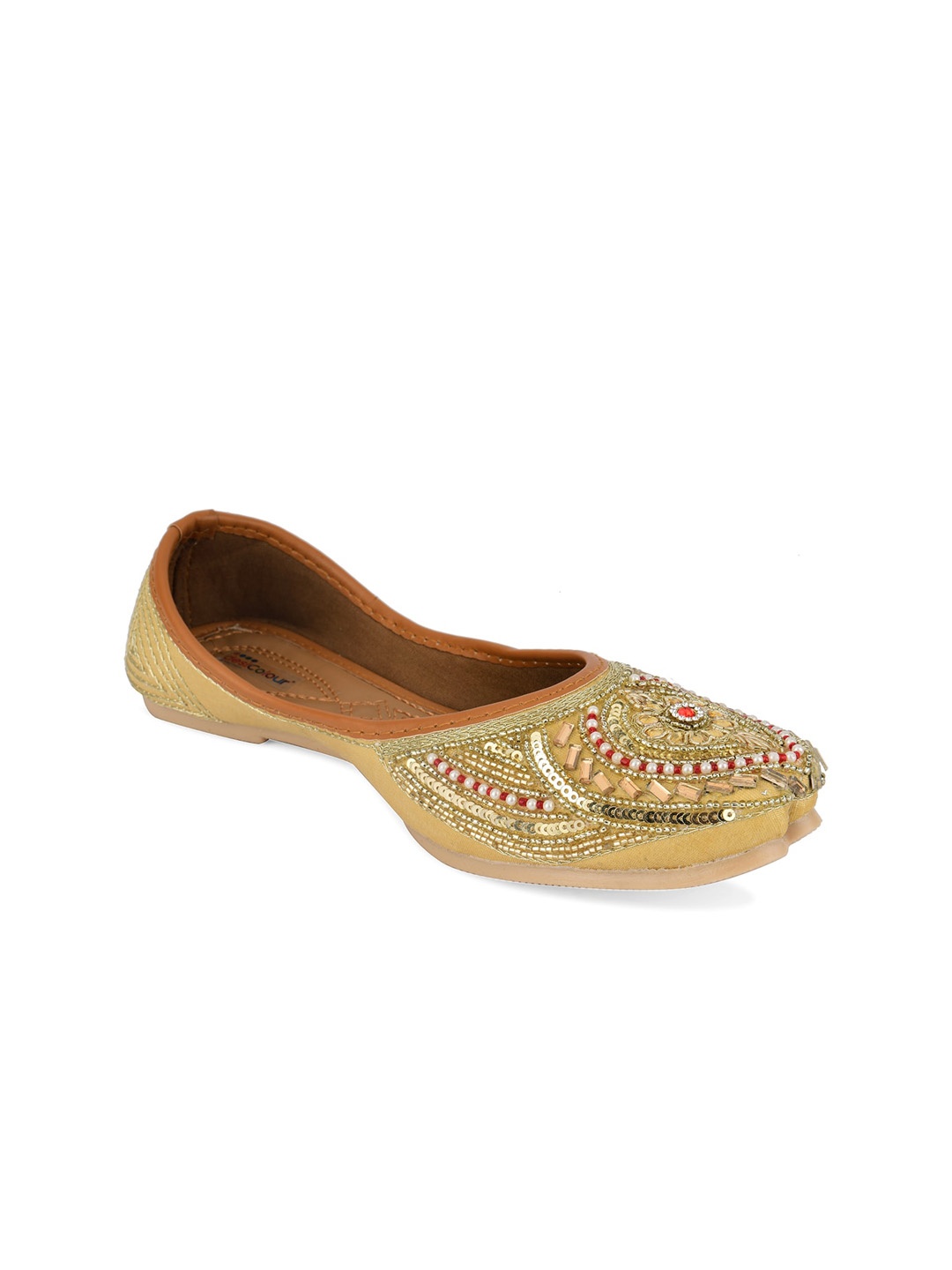 

DESI COLOUR Women Gold-Toned Embellished Leather Ethnic Mojaris Flats