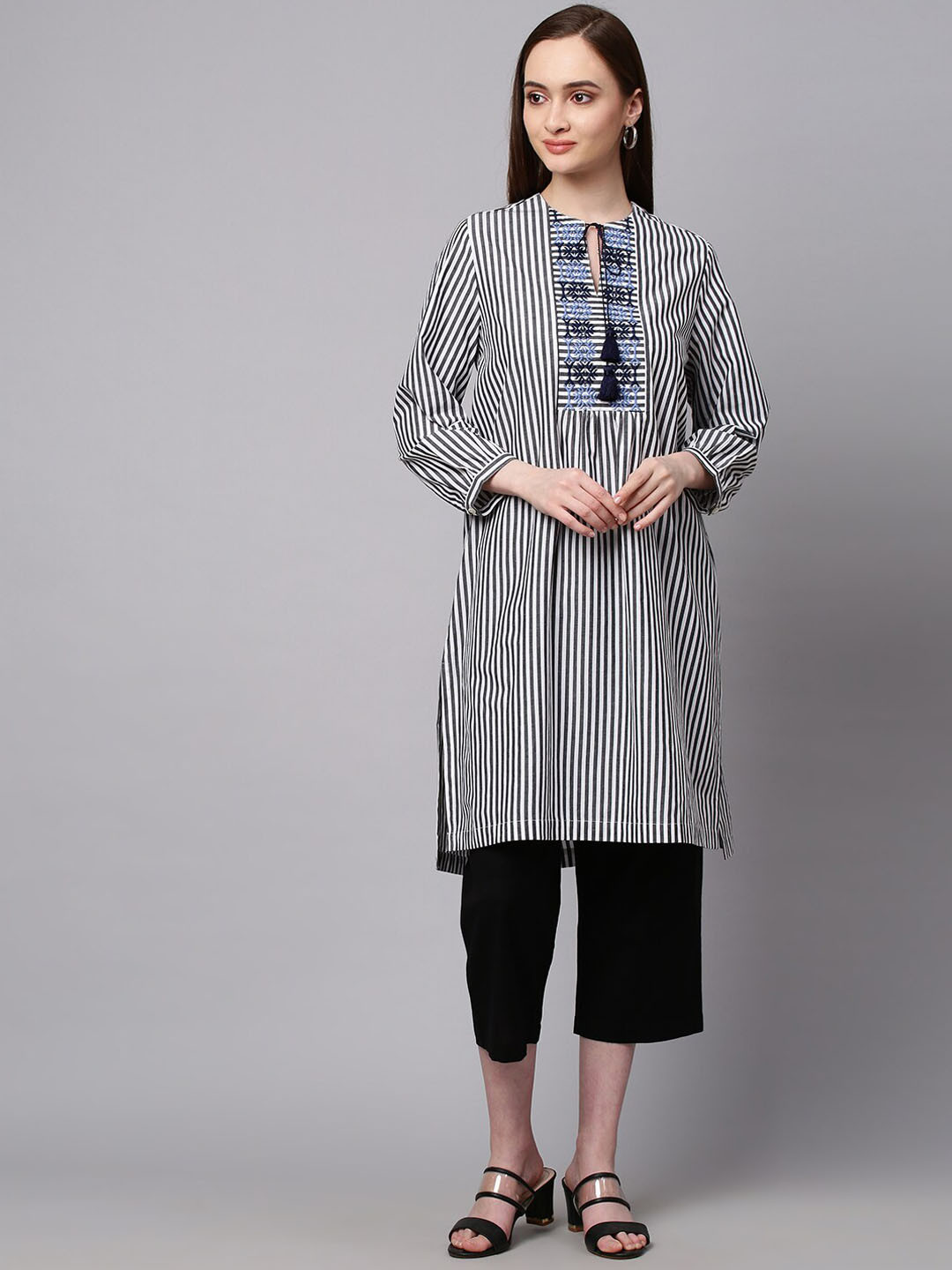 

Modern Indian by CHEMISTRY Women Blue Striped Thread Work Pure Cotton Kurta with Trousers
