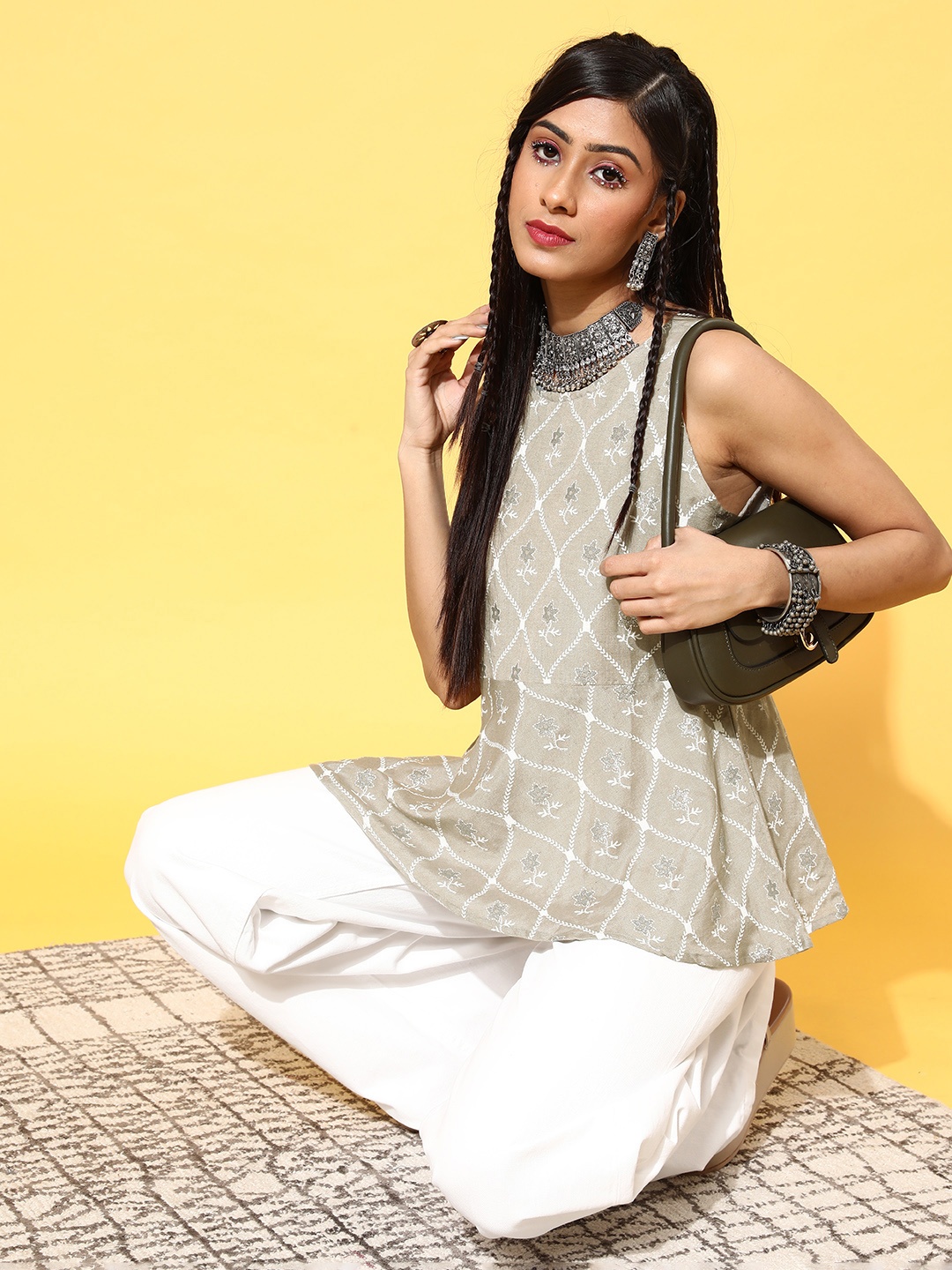 

Indo Era Women Beautiful Grey Ethnic Fusion Top