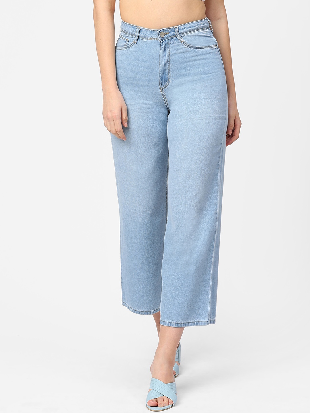 

Kraus Jeans Women Blue Wide Leg High-Rise Cropped Cotton Jeans