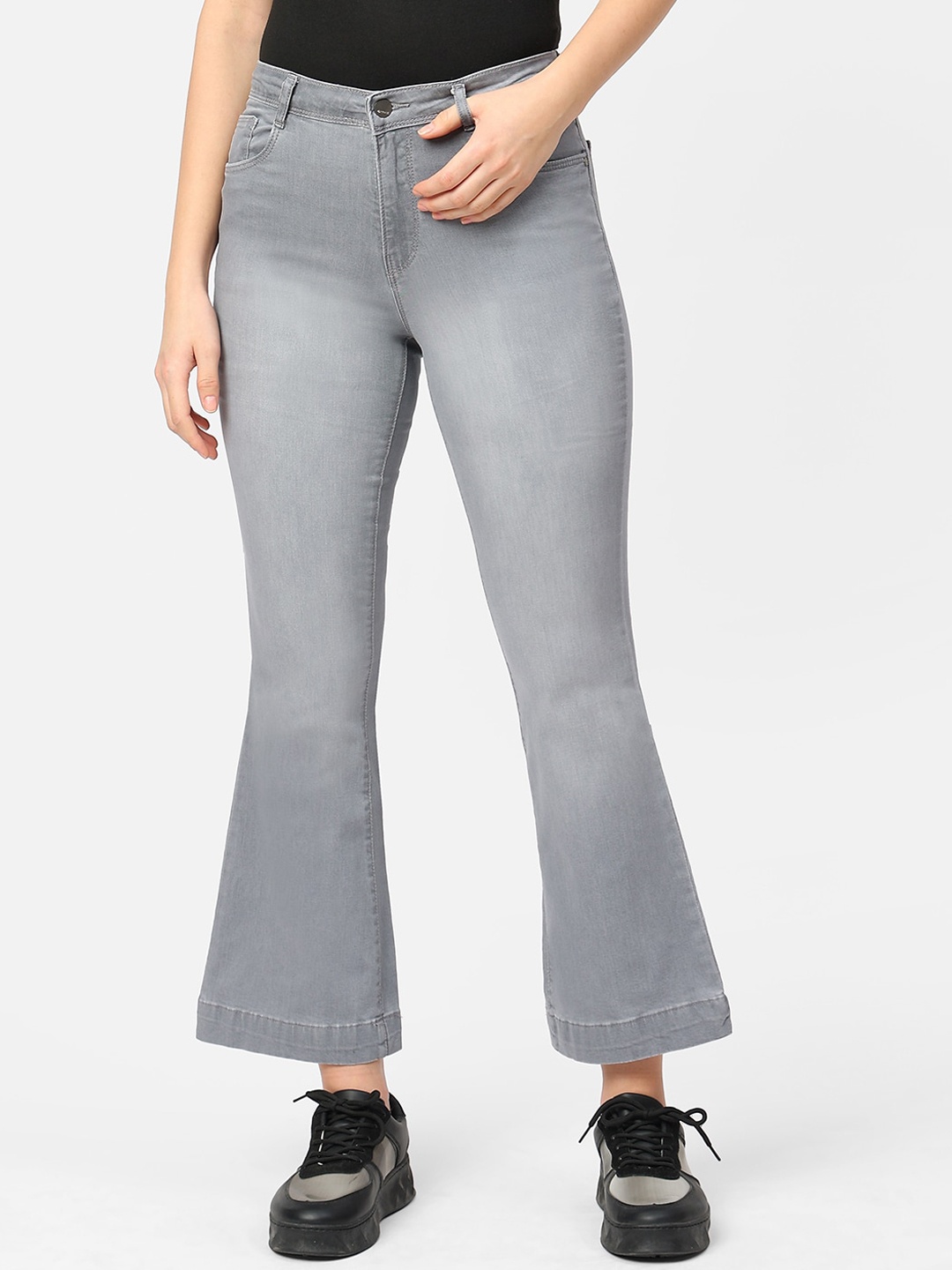 

Kraus Jeans Women Grey Flared High-Rise Mildly Distressed Heavy Fade Stretchable Jeans