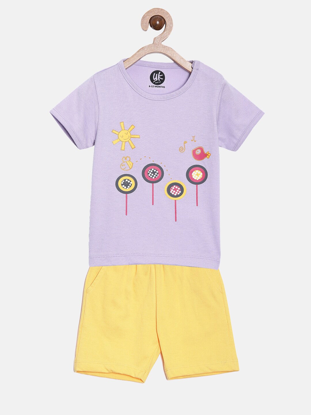 

YK Infant Girls Purple Yellow Graphic Printed T-shirt with Shorts