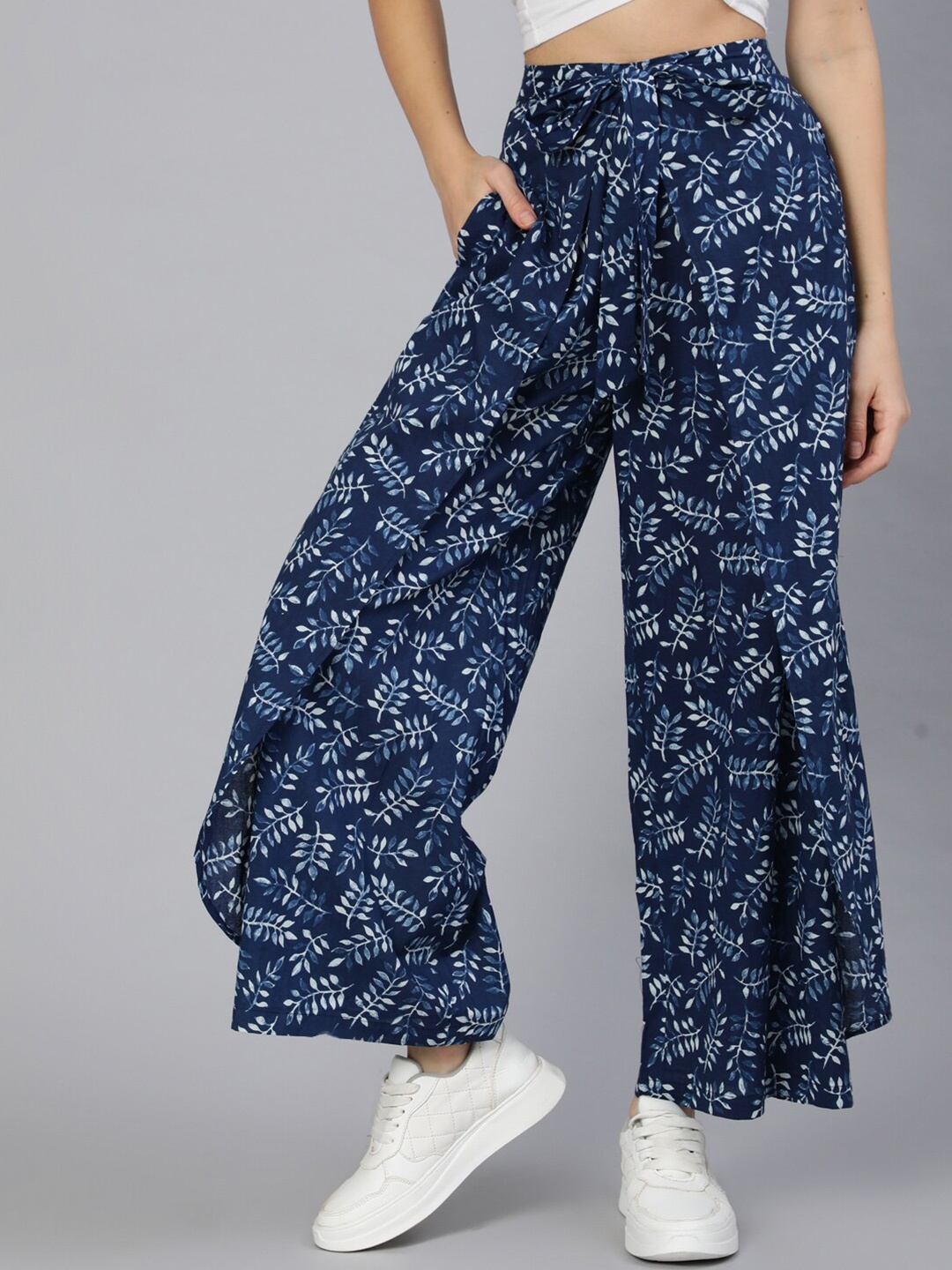 

Nayo Women Blue & White Wide Leg Floral Printed Cotton Palazzos