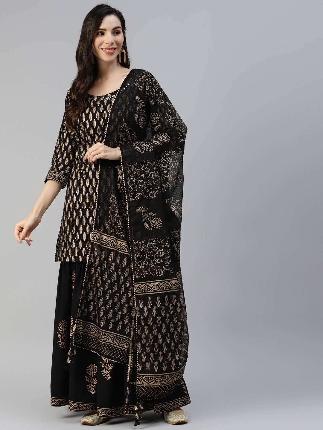 

Divena Women Black Ethnic Motifs Printed Mirror Work Pure Cotton Kurti with Sharara & With Dupatta