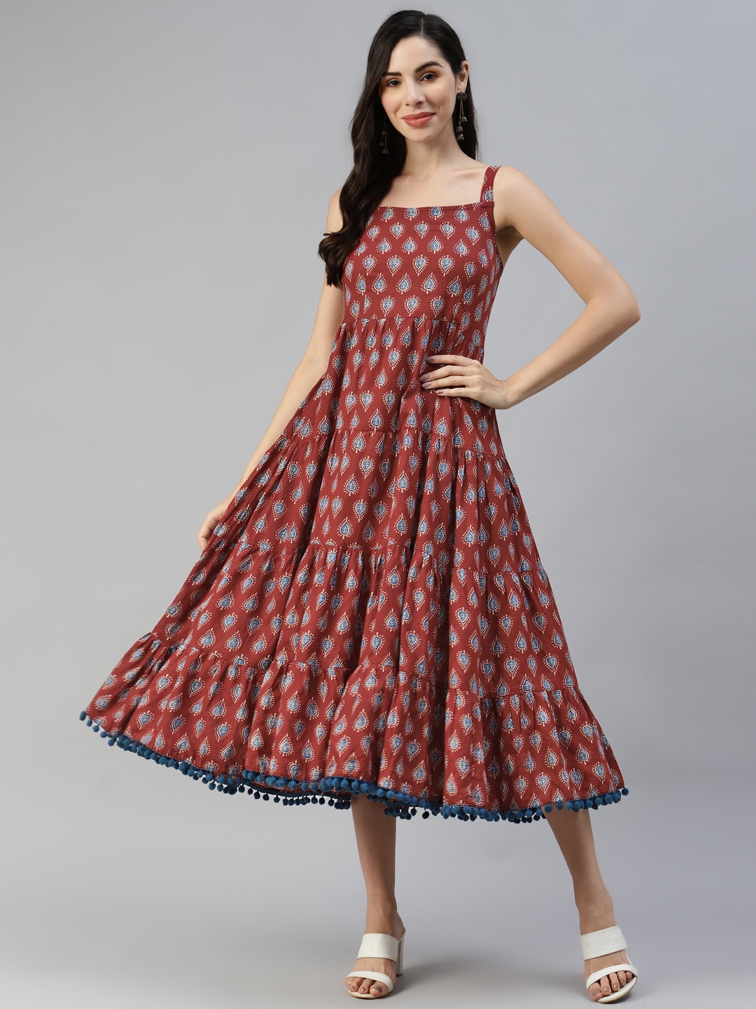 

Divena Maroon & Navy Blue Pure Cotton Ethnic A-Line Midi Dress