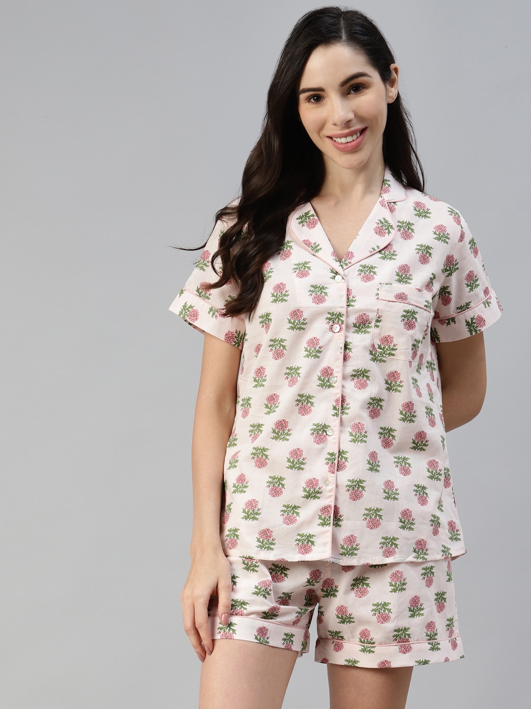 

Divena Women Peach-Coloured & Green Pure Cotton Printed Night suit