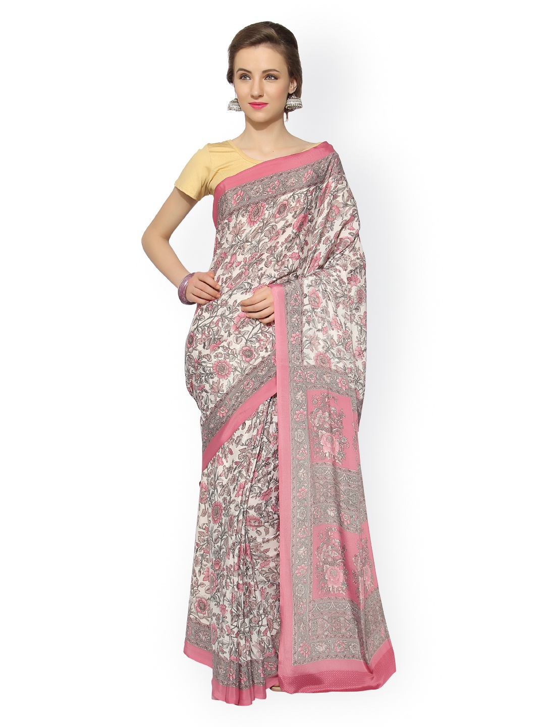 

Mitera Pink & White Art Silk Floral Print Saree