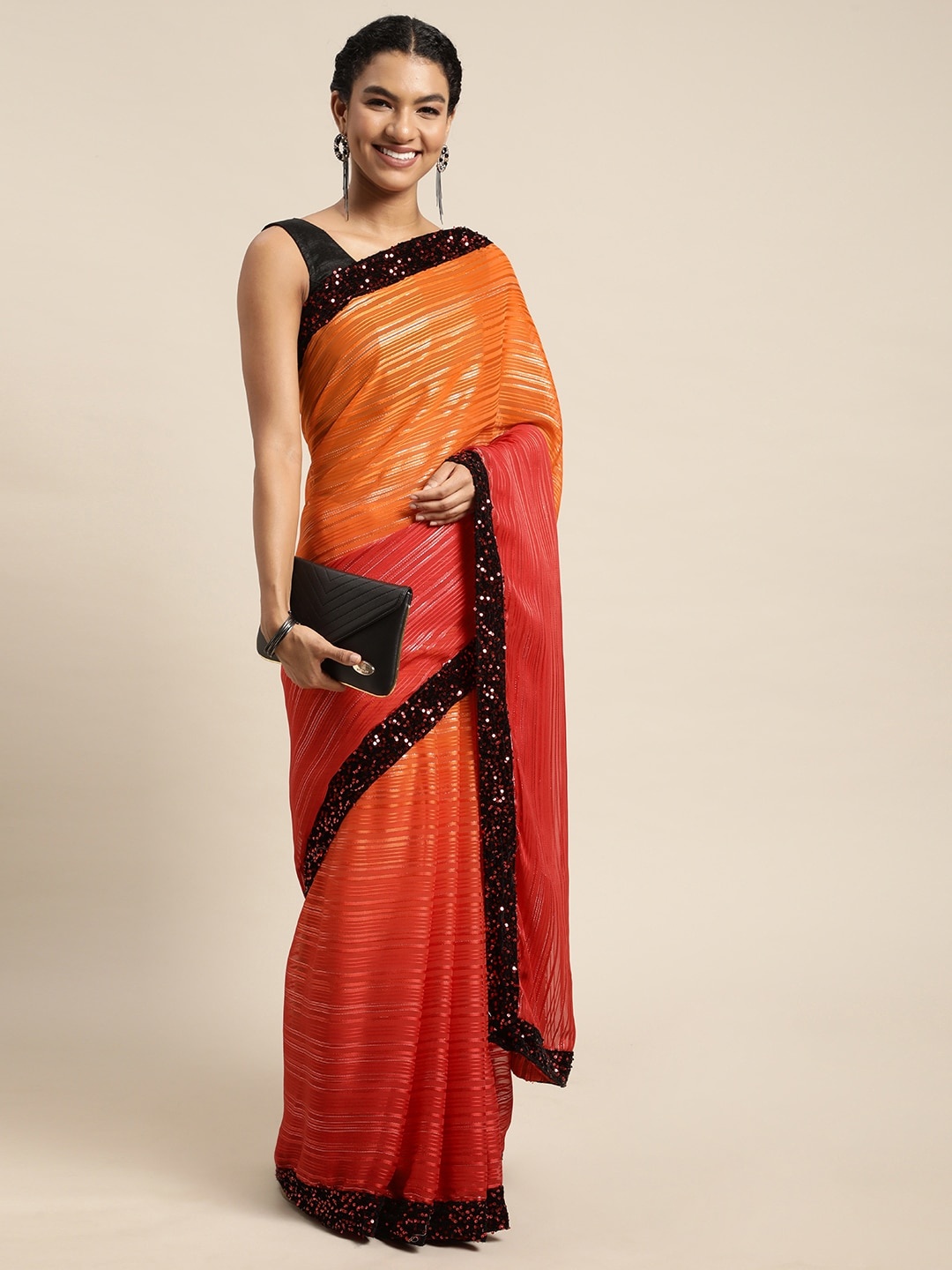 

Pratham Blue Yellow & Orange Ombre Effect Self-Striped Saree