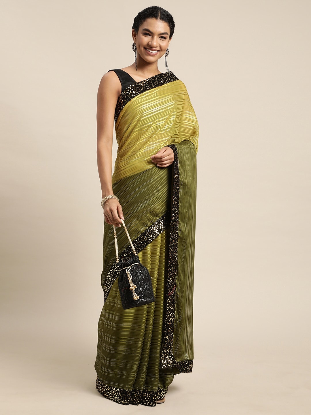 

Pratham Blue Yellow & Olive Green Ombre Effect Self-Striped Saree
