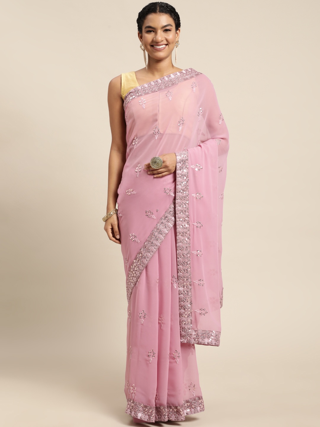 

Pratham Blue Pink Sequinned Pure Georgette Saree
