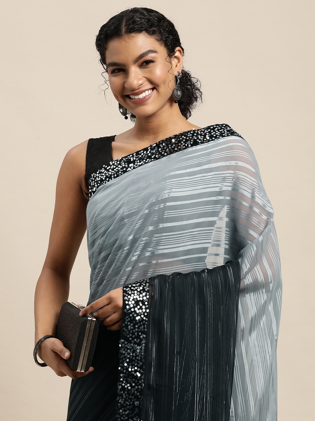 

Pratham Blue Grey & Black Ombre Effect Self-Striped Saree