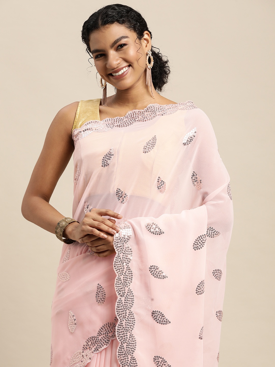 

Pratham Blue Pink Sequinned Pure Georgette Saree