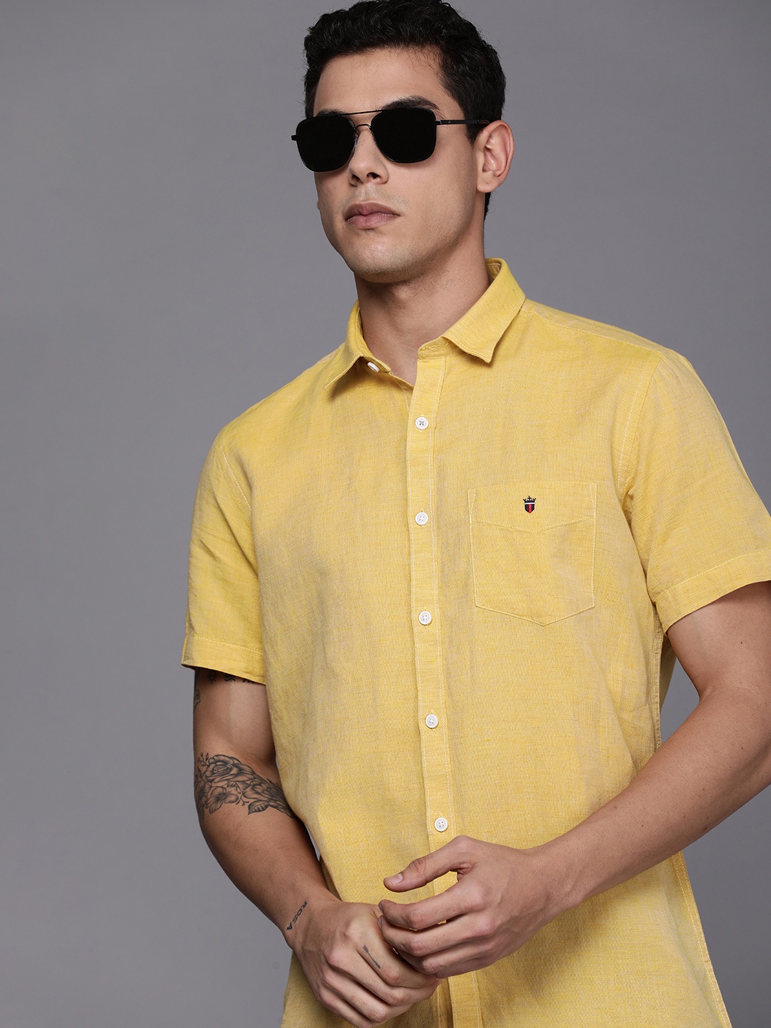 

Louis Philippe Sport Men Mustard Yellow Self Design Slim Fit Casual Shirt