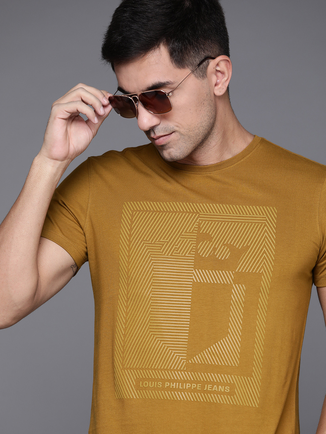 

Louis Philippe Jeans Men Mustard Brown Pure Cotton Striped Embossment T-shirt