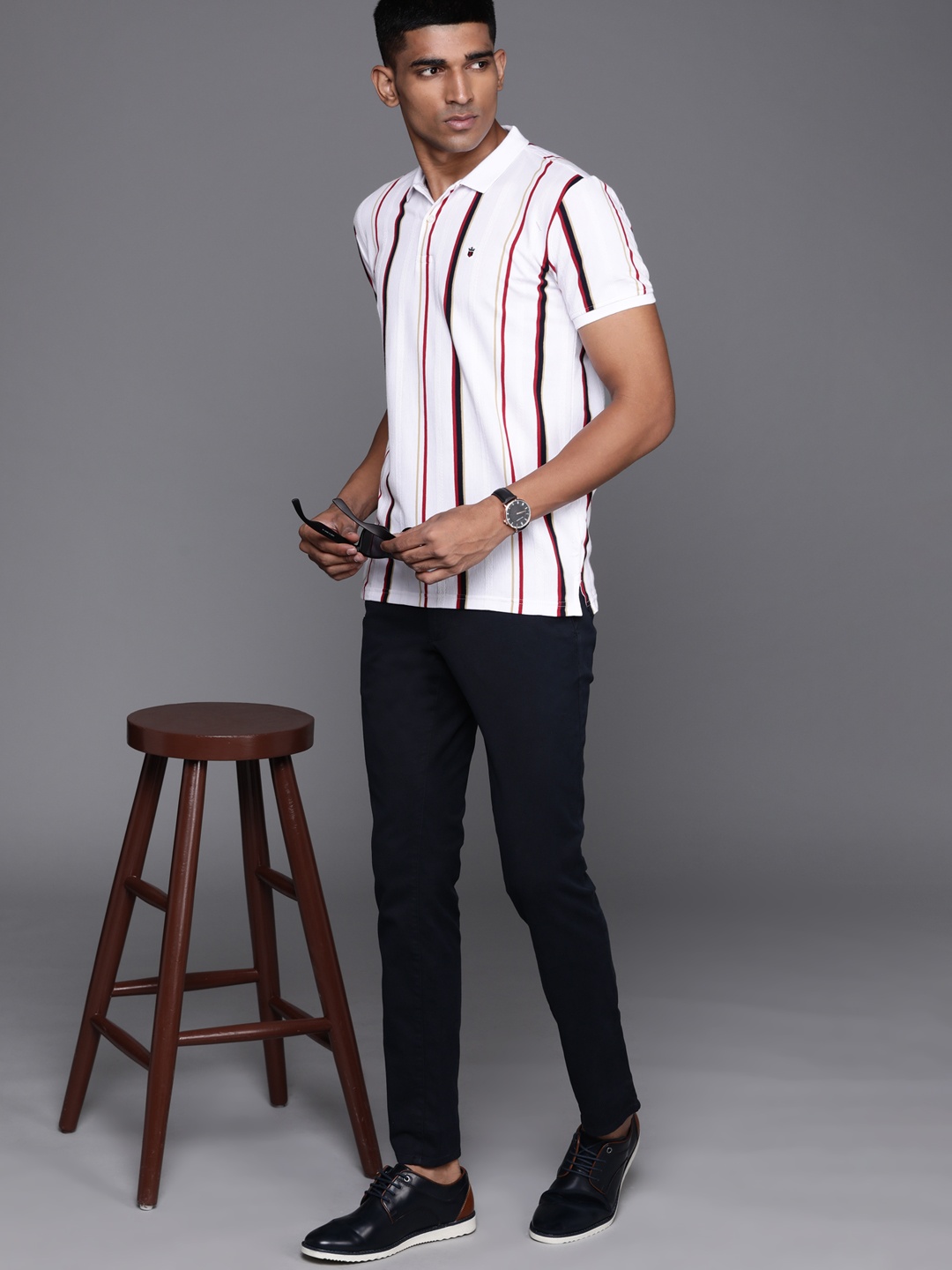 

Louis Philippe Sport Men White & Black Striped Polo Collar T-shirt