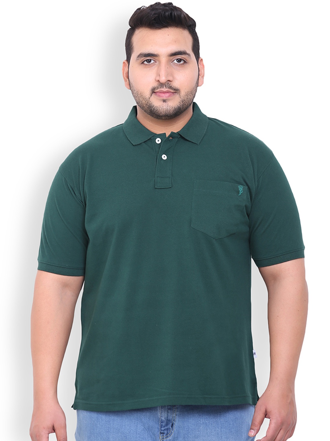 

John Pride Plus Size Men Green Solid Polo Collar T-shirt