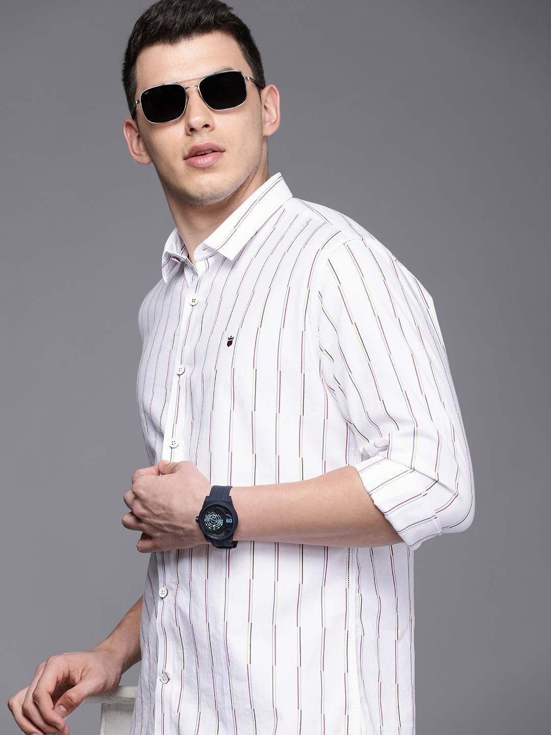 

Louis Philippe Sport Pure Cotton Slim Fit Horizontal Striped Casual Shirt, White