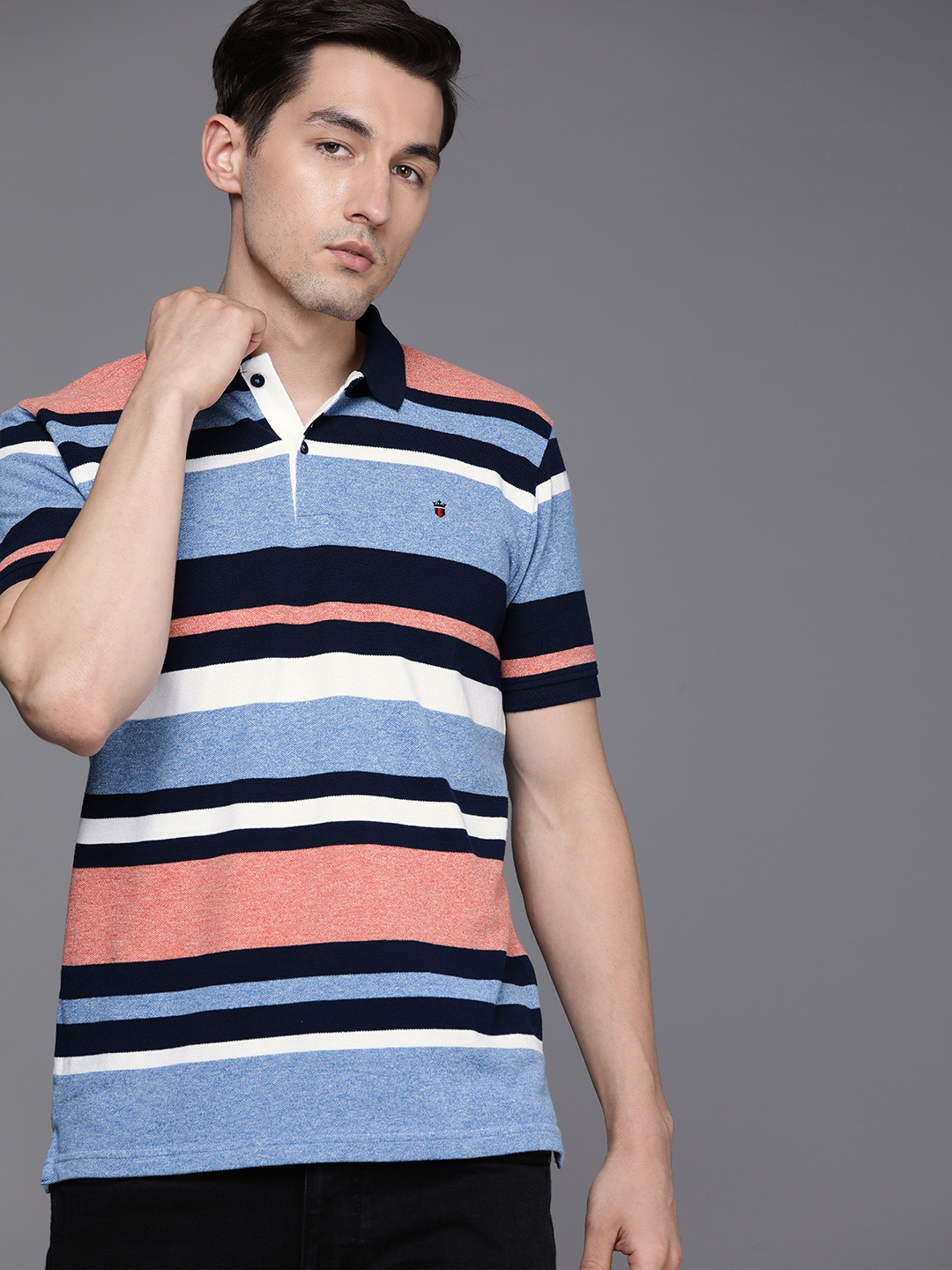 

Louis Philippe Sport Men Blue & White Striped Polo Collar Pure Cotton Slim Fit T-shirt