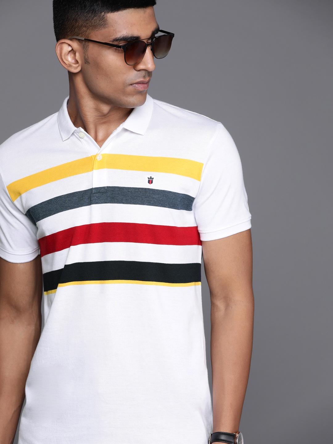 

Louis Philippe Sport Men White & Red Striped Polo Collar T-shirt