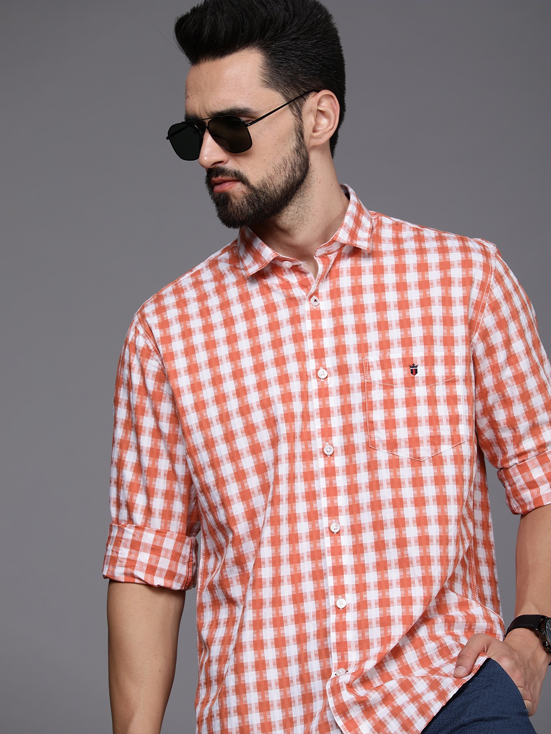 

Louis Philippe Sport Men Orange & White Slim Fit Checked Casual Pure Cotton Shirt