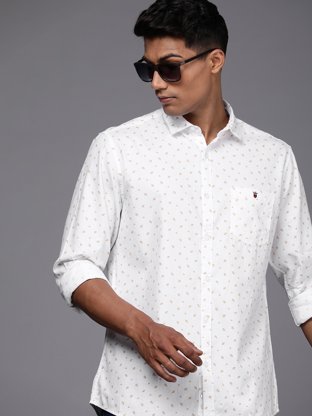 

Louis Philippe Jeans Men White & Mustard Yellow Slim Fit Floral Printed Pure Cotton Shirt