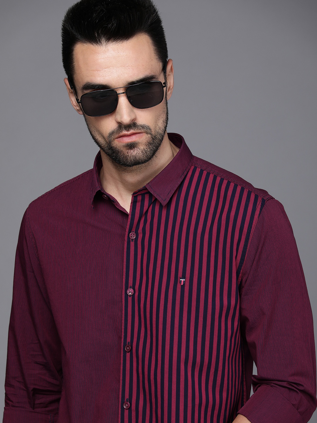 

Louis Philippe Sport Men Maroon & Navy Blue Super Slim Fit Striped Cotton Casual Shirt