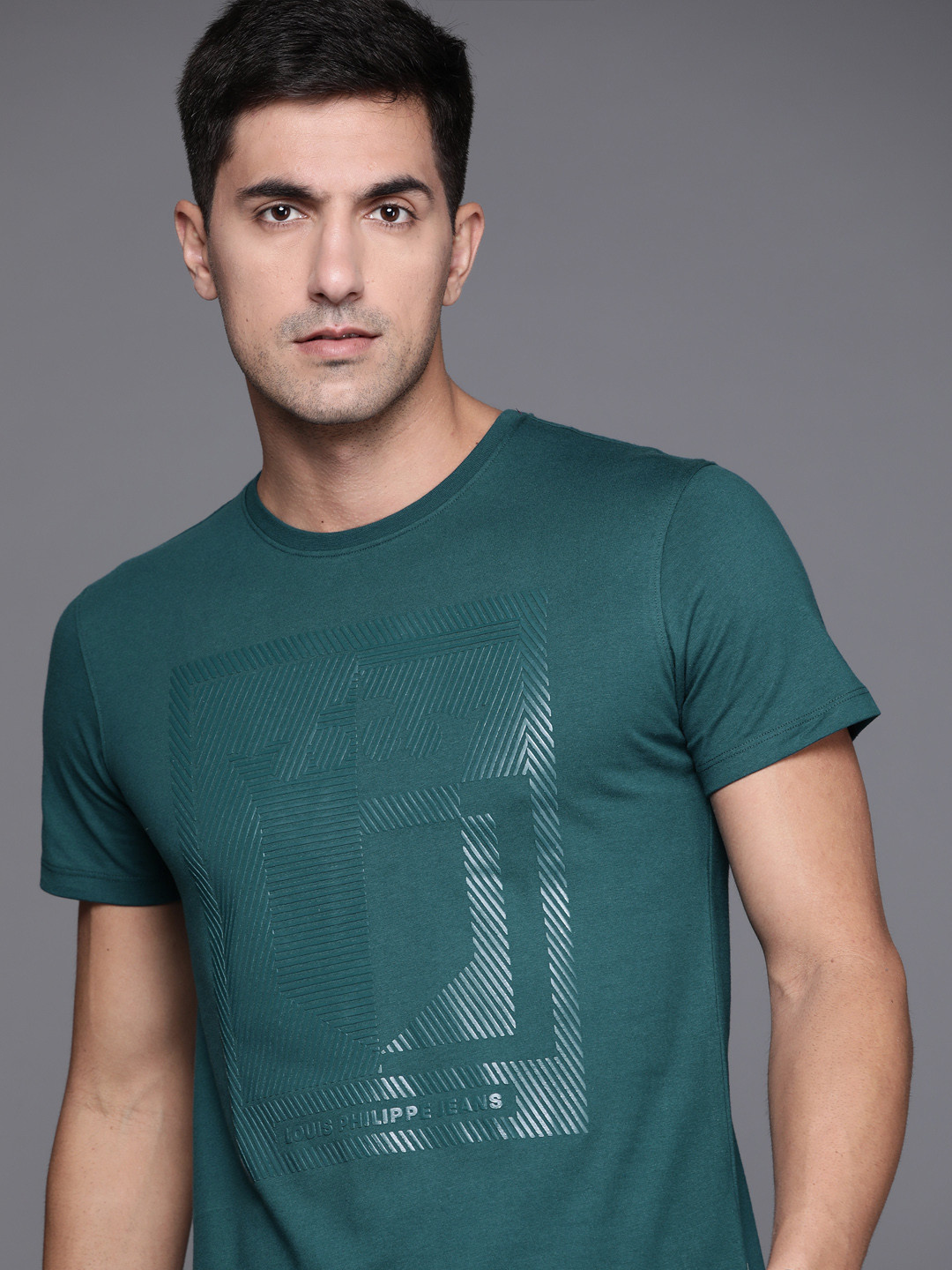 

Louis Philippe Jeans Men Teal Green Cotton Striped Embossment T-shirt