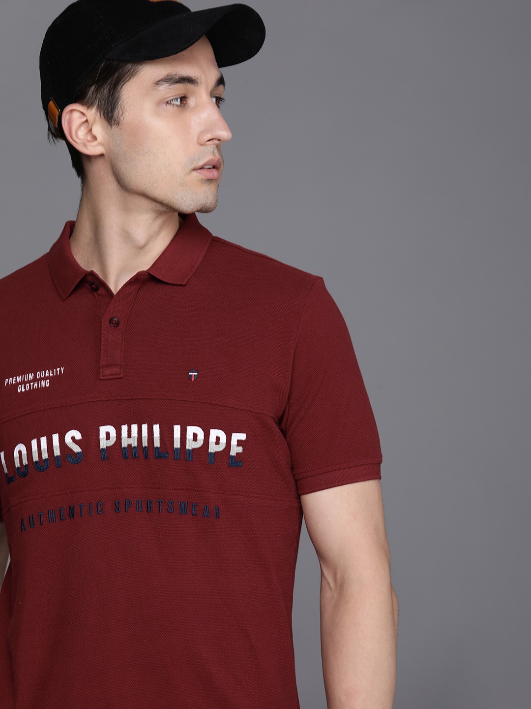 

Louis Philippe Sport Men Maroon & White Printed Polo Collar Slim Fit Pure Cotton T-shirt