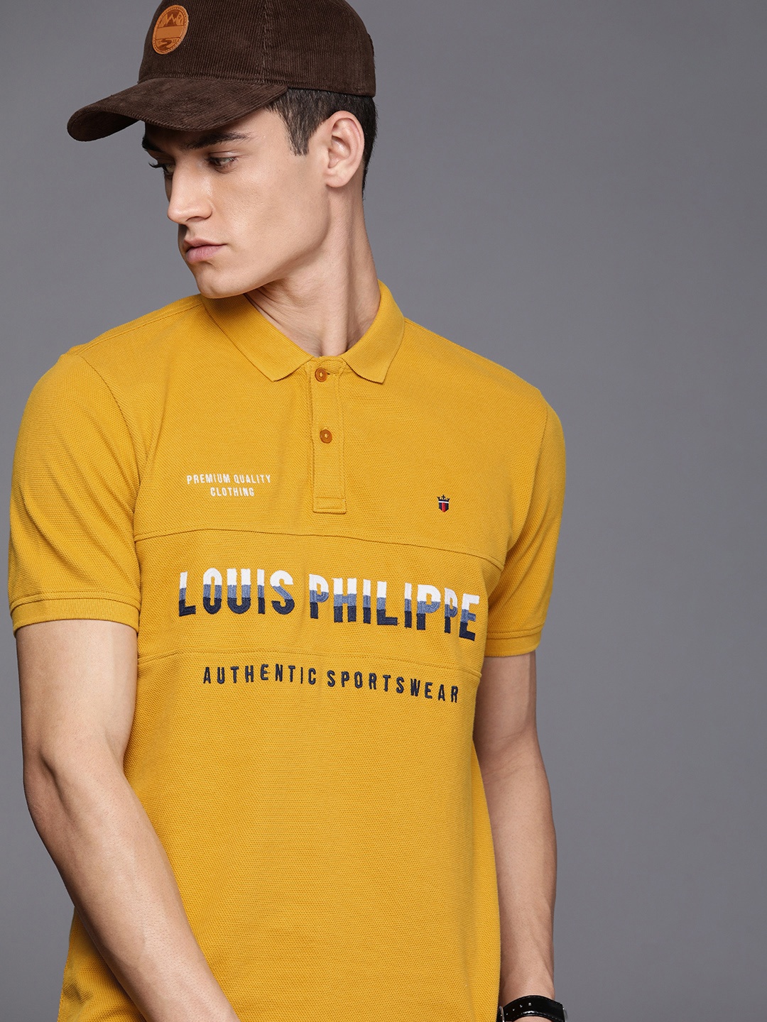 

Louis Philippe Sport Men Mustard Yellow Printed Pure Cotton Slim Fit Polo T-shirt