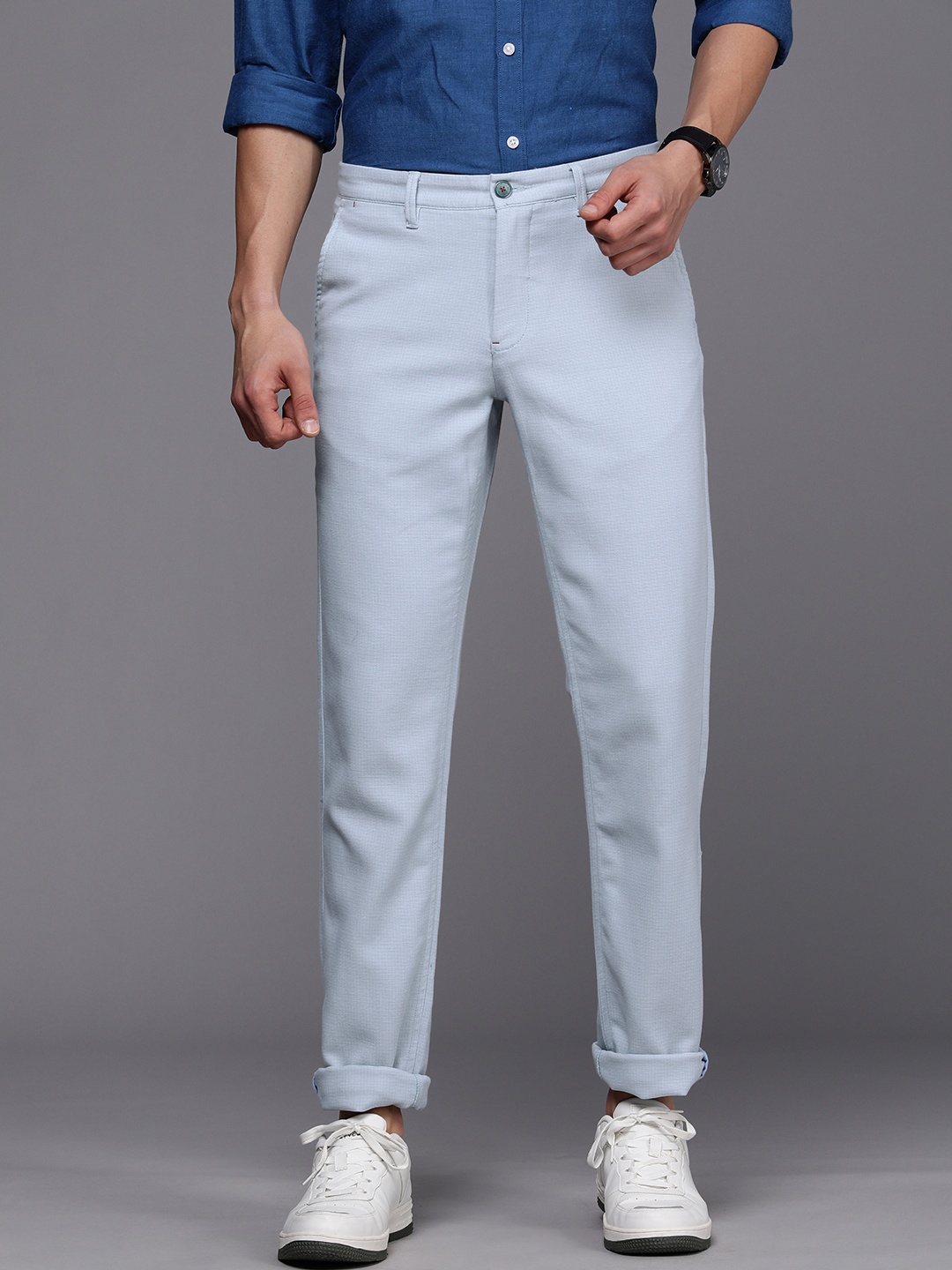 

Louis Philippe Sport Men Blue Solid Slim Fit Low-Rise Trousers