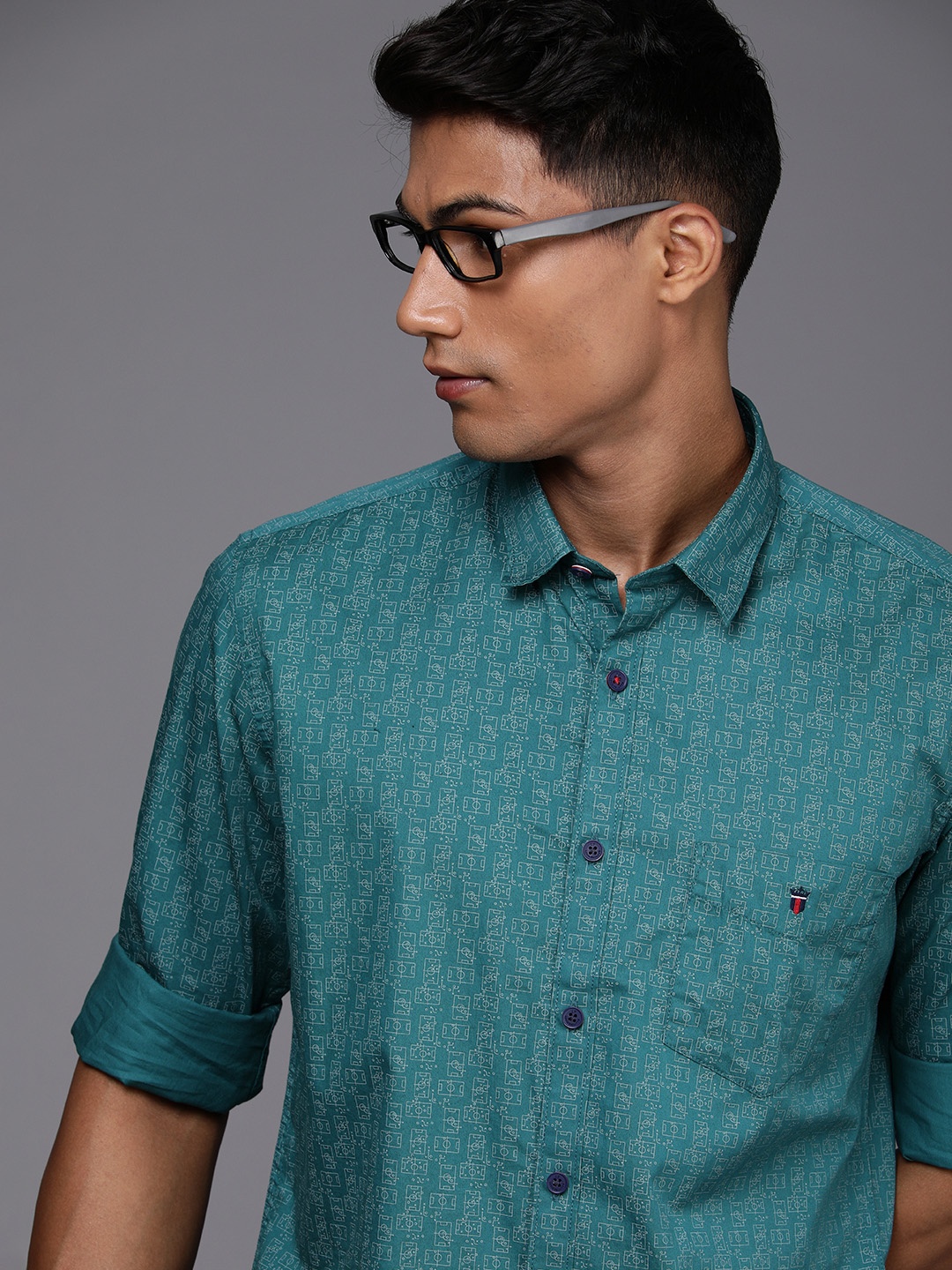 

Louis Philippe Sport Men Teal Blue Slim Fit Printed Casual Pure Cotton Shirt