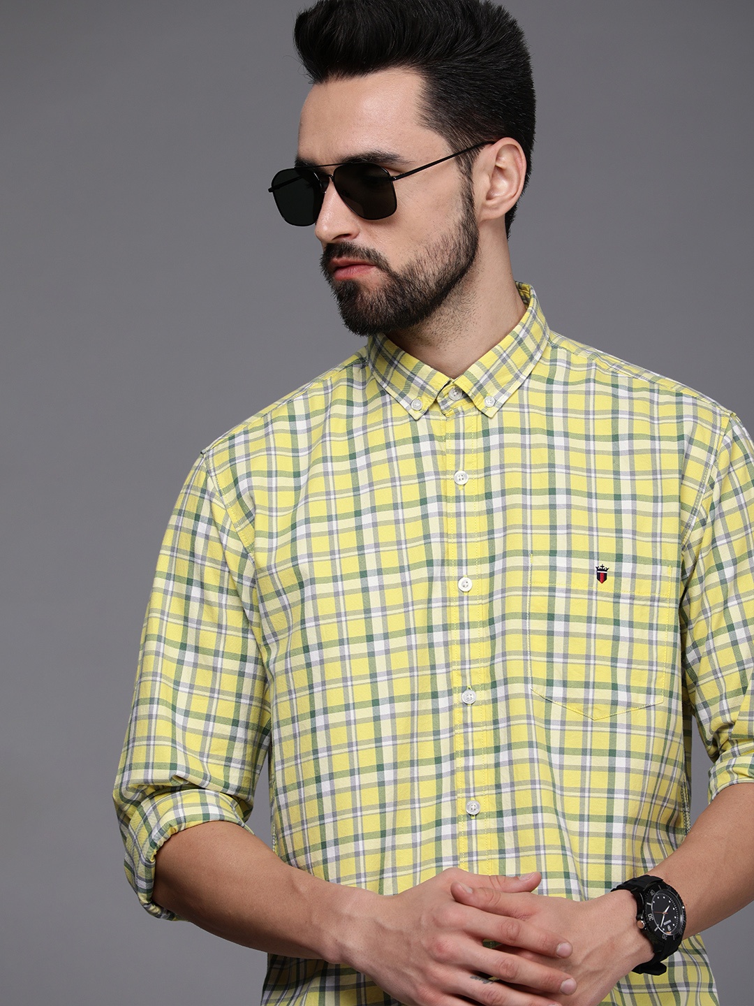 

Louis Philippe Jeans Men Yellow Slim Fit Tartan Checks Casual Shirt