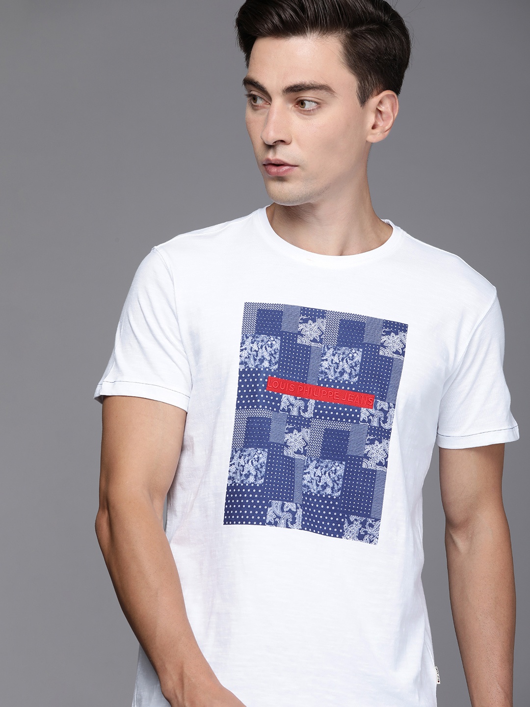 

Louis Philippe Jeans Men White & Navy Blue Printed Pure Cotton Slim Fit T-shirt