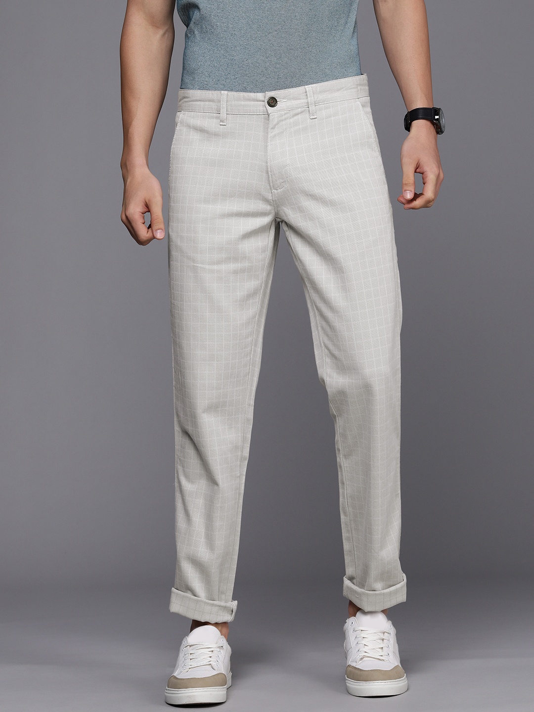 

Louis Philippe Sport Men Grey & White Checked Slim Fit Trousers