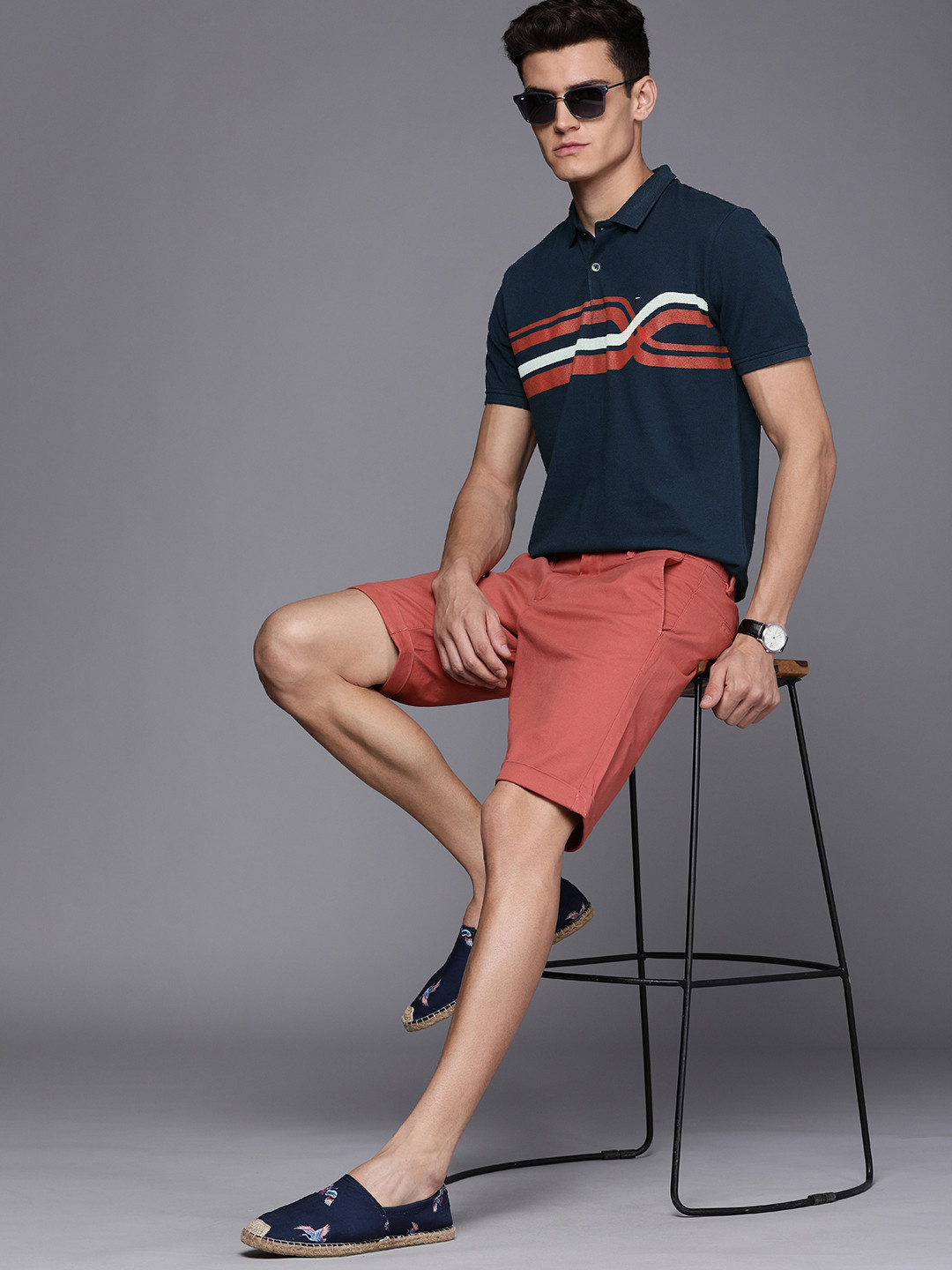 

Louis Philippe Sport Men Navy Blue Printed Polo Collar Pure Cotton Slim Fit T-shirt