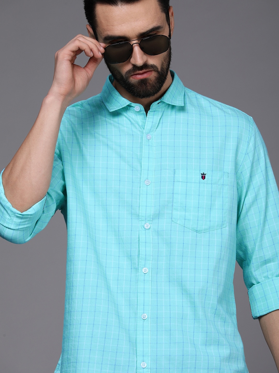 

Louis Philippe Jeans Men Sea Green Slim Fit Windowpane Checks Casual Shirt