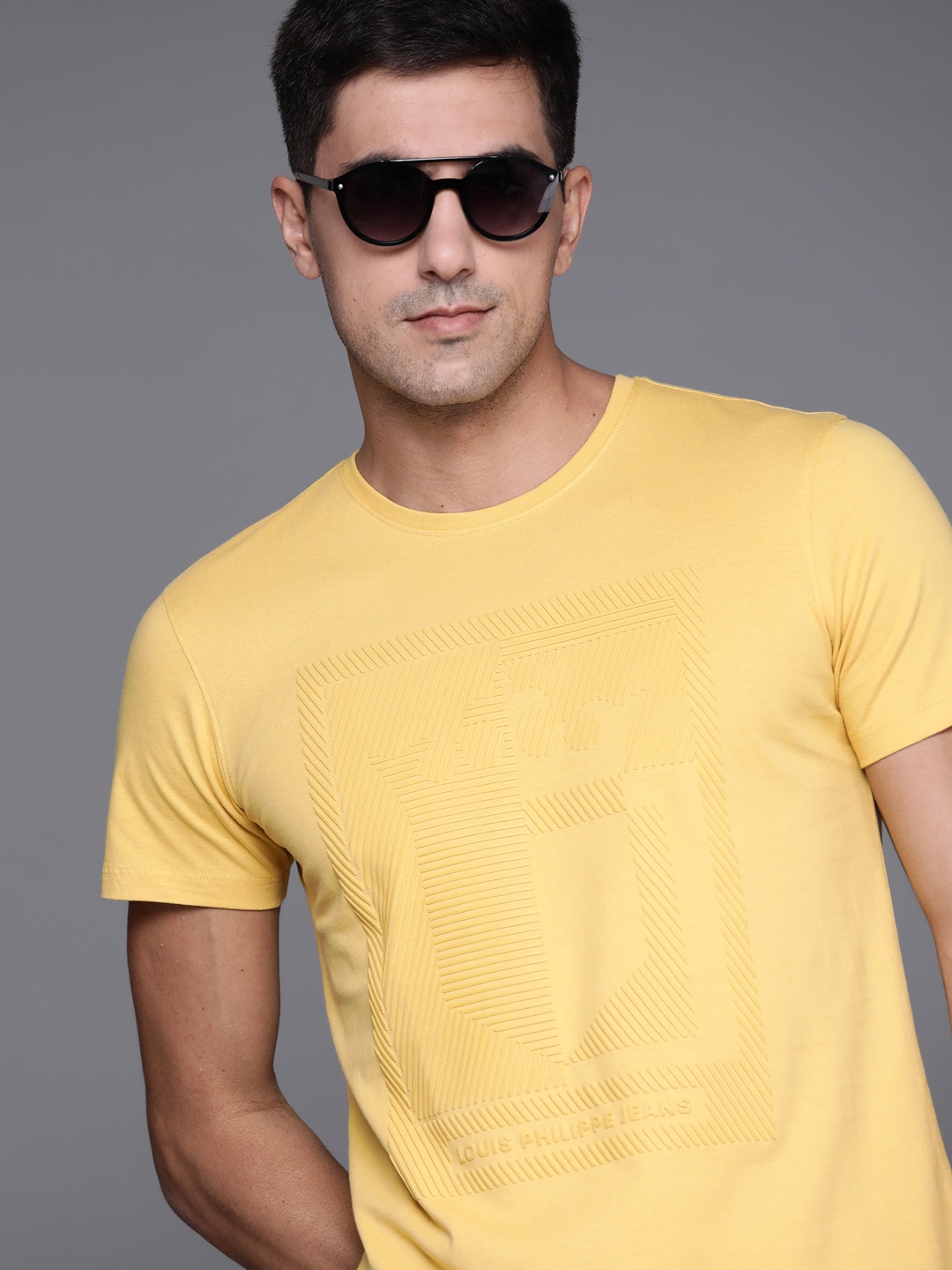 

Louis Philippe Jeans Men Yellow Cotton Striped Embossed Detail T-shirt