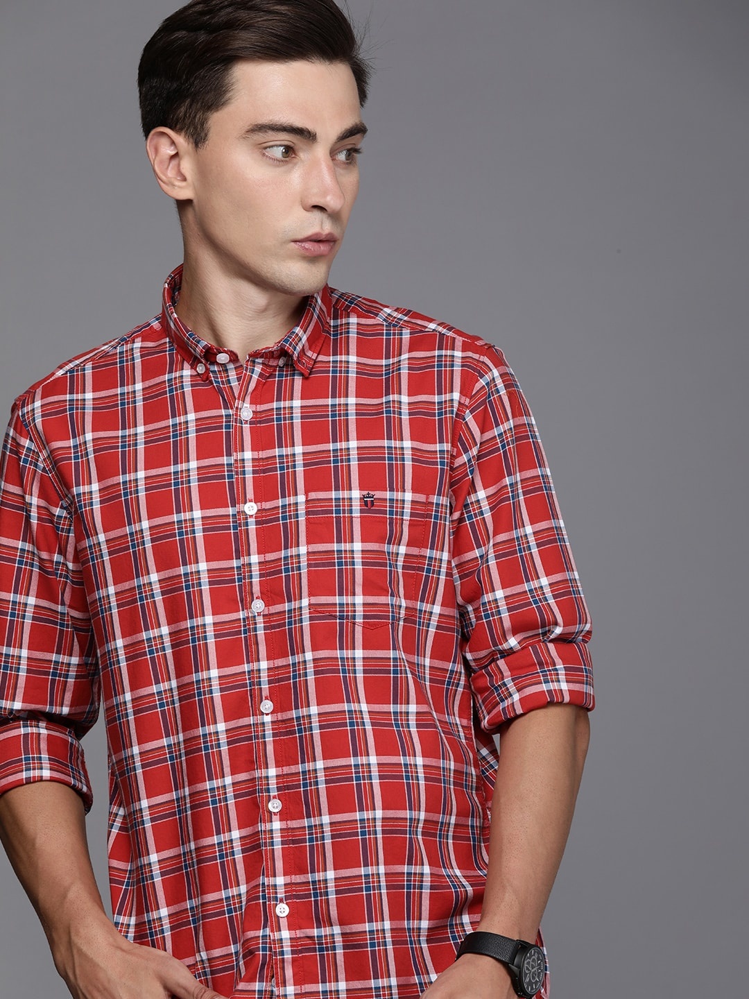 

Louis Philippe Jeans Men Rust Tartan Checks Slim Fit Pure Cotton Casual Shirt