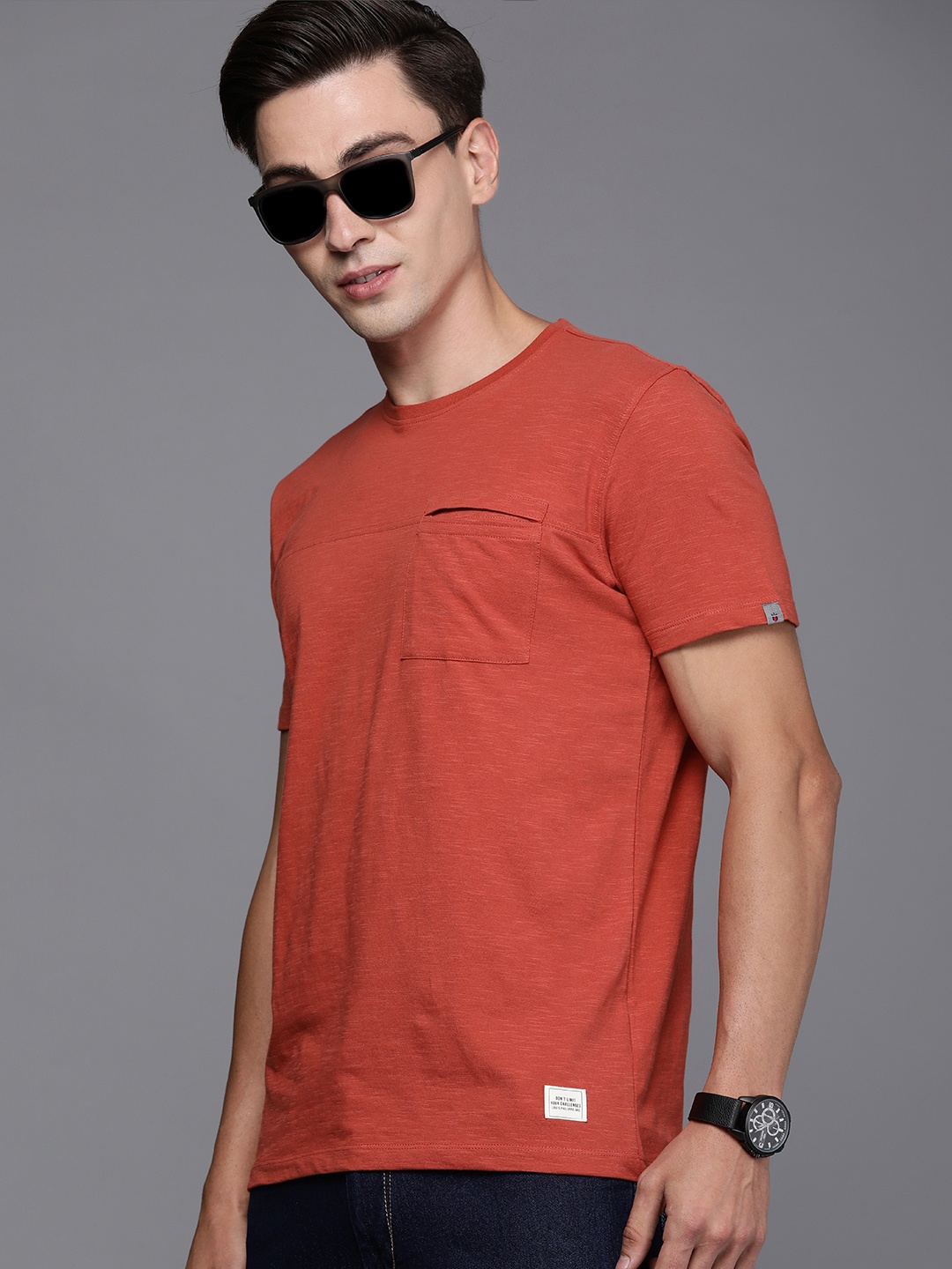 

Louis Philippe Jeans Men Rust Brown Pure Cotton Slim Fit T-shirt with Pocket